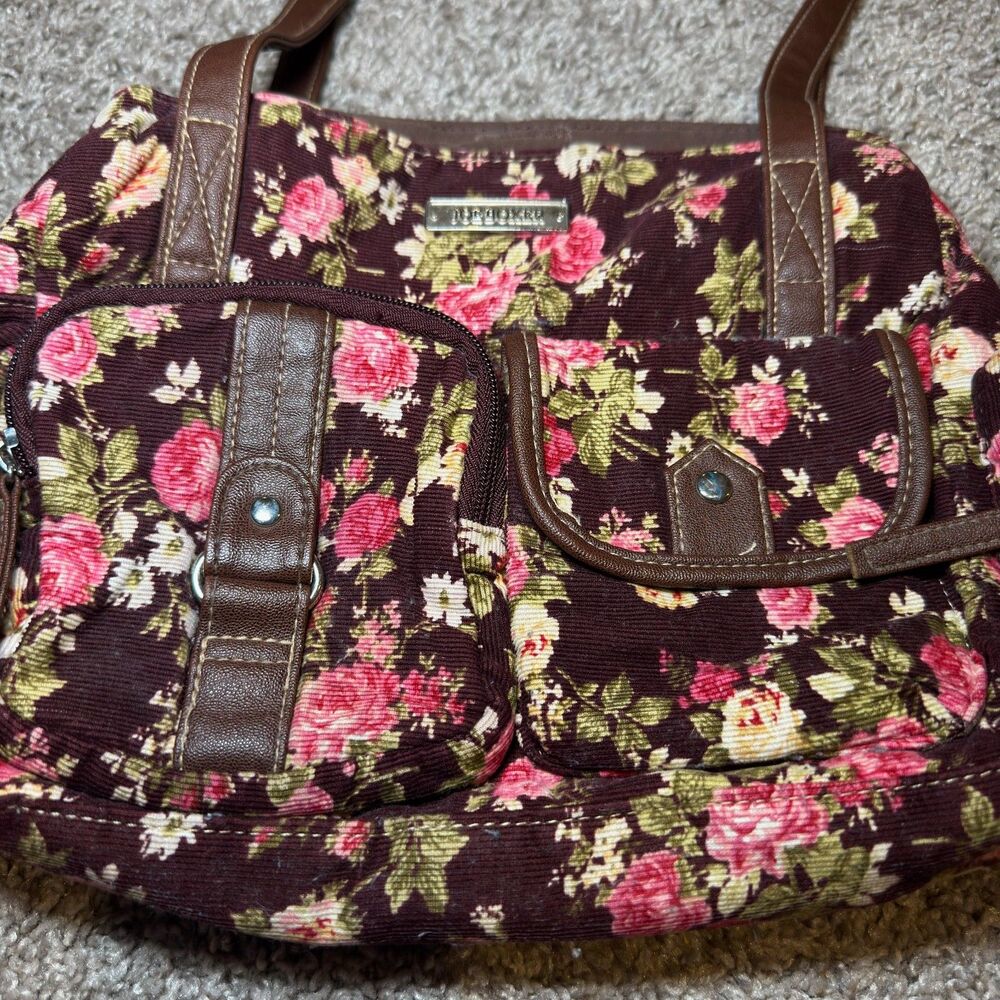 VTG Joe Boxer Shoulder Bag Brown Corduroy Floral Purse Maroon Faux Leather Y2K - Picture 7 of 8